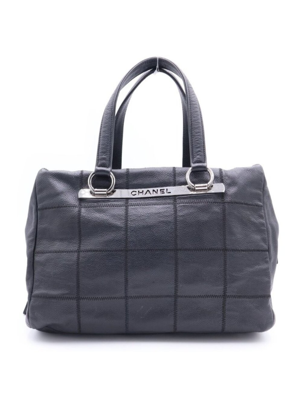 Chanel Choco Bar Caviar Leather Stitch Boston Bag Silver Black